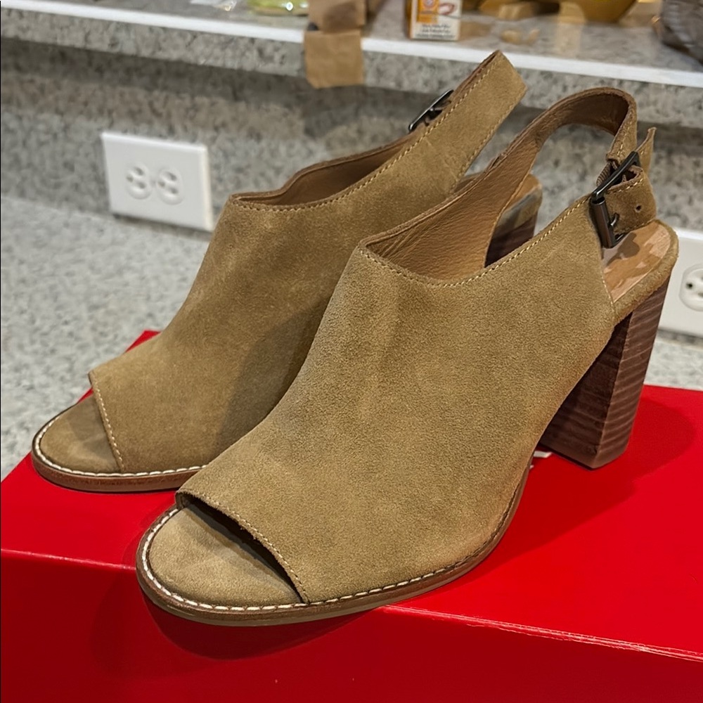 Madewell Suede Slingback Cary Block Tan Peep Toe Heels Sz 8 - Picture 1 of 15